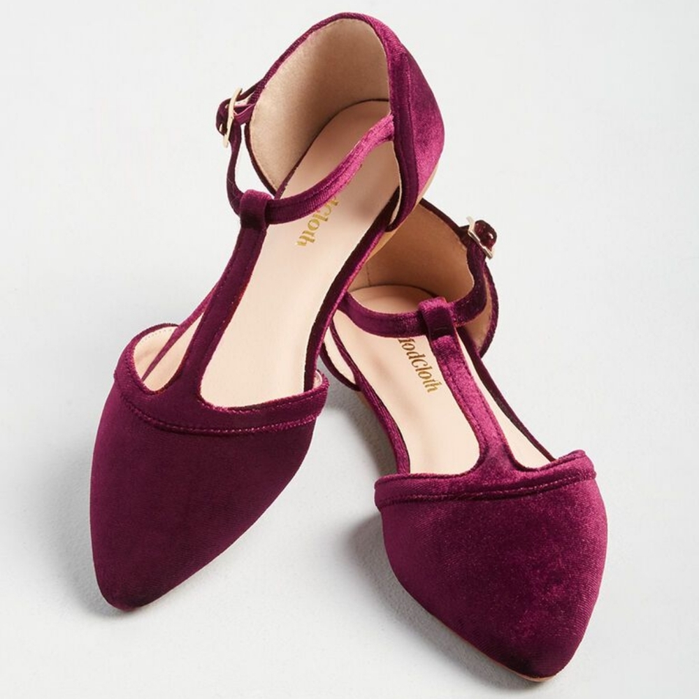 Modcloth Burgundy Velvet Suede T Strap Flats